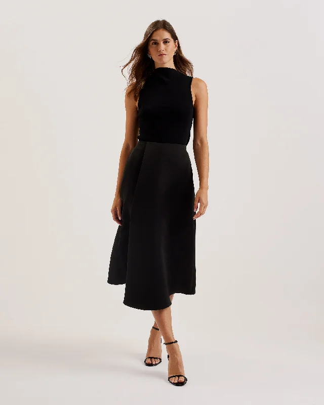 Erva Asymmetric Satin Wrap Midi Skirt Black