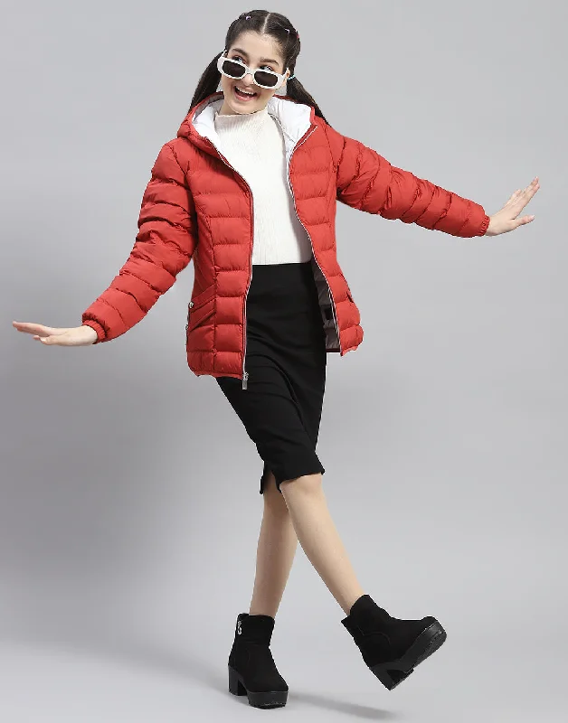 Girls Red Solid Hooded Full Sleeve Girls Jacket