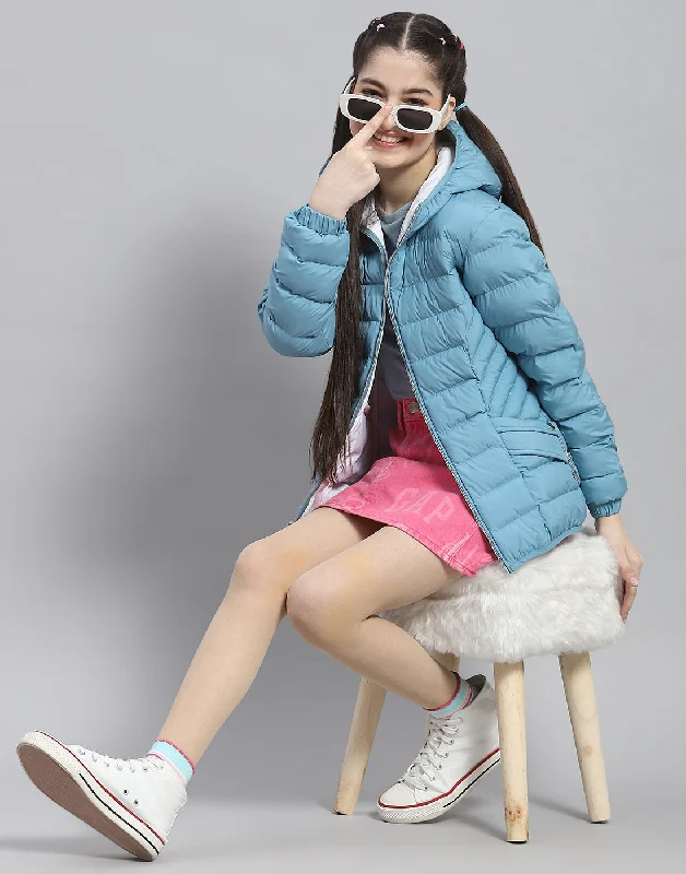 Girls Turquoise Blue Solid Hooded Full Sleeve Girls Jacket