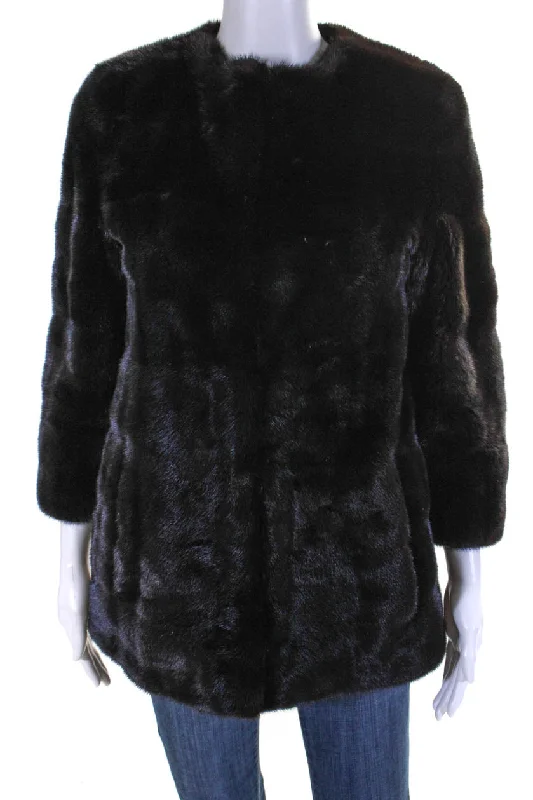 Michael Kors Womens Crew Neck Hook & Eye Mink Fur Coat Dark Brown