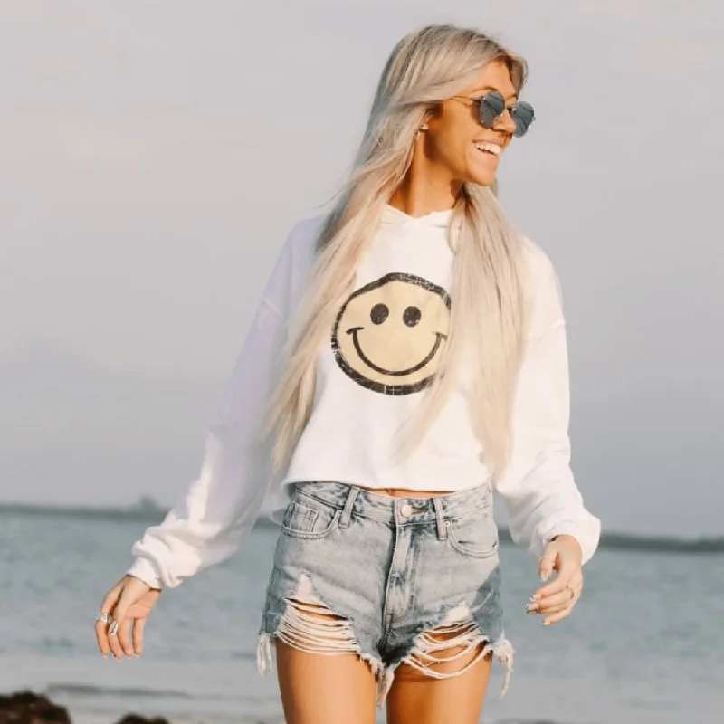 Distressed Smiley Cropped Hoodie